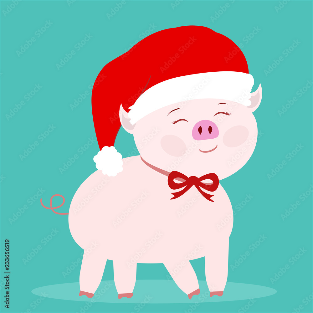 pink pig in a hat of Santa Claus with a red bow with a ribbon pink pig in a hat of Santa Claus with a red bow with a ribbon