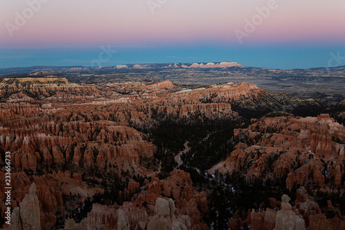 Scene at Bryce canyon national park at sunset  in winter.