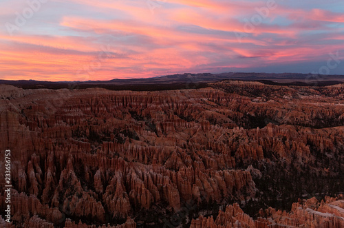 Scene at Bryce canyon national park at sunset  in winter.