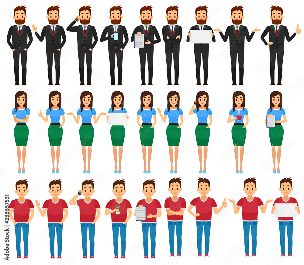 Business man, woman and young guy in various poses vector illustration. Business man, woman and young guy in various poses vector illustration.