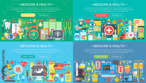 Medicine and health horisontal flat concept design banners set. Herbal treatment, healthcare, homeopathy, pharmacy, Medical Tests, drugs and pills vector illustration.