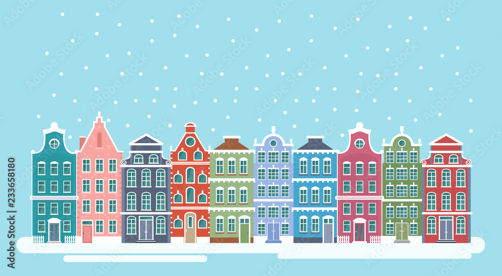 Vector illustration of cute snowy christmas town city panorama witht bright houses. Winter Christmas background, Amsterdam houses, background for bunners, greeting cards in flat style.