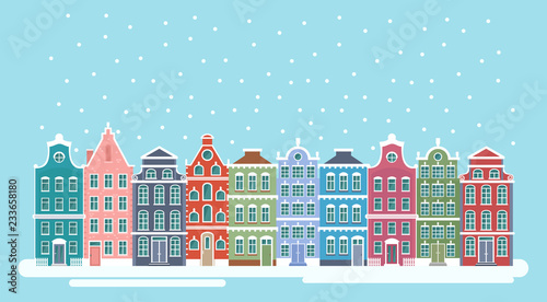 Vector illustration of cute snowy christmas town city panorama witht bright houses. Winter Christmas background, Amsterdam houses, background for bunners, greeting cards in flat style.