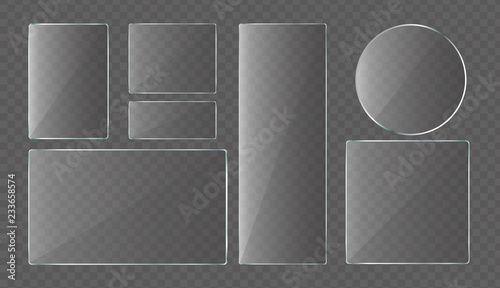 Vector illustration collection of Glass plates, protection glass for laptop and smartphone. Set of glass banners different shapes on transparent background.