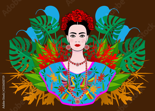 Canvas-taulu Portrait of the young beautiful Mexican woman with a traditional hairstyle