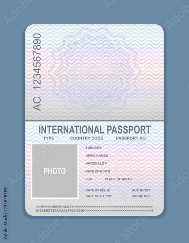 Vector illustration of open passport template. Document for travel concept, passport sample. photo