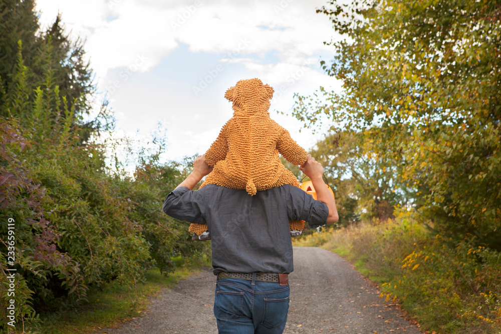 Fototapeta premium Rear view of father carrying son in lion costume