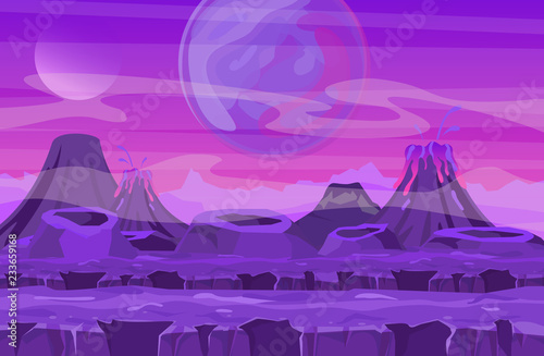 Vector illustration of space landscape with pink planet view. Mountains and volcanos, other planets in the sky. Fantastic alien landscape in red colors, sci-fi background for UI Game in flat cartoon