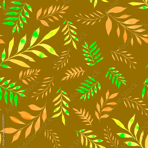 branches with green leaves and yellow on a brown color