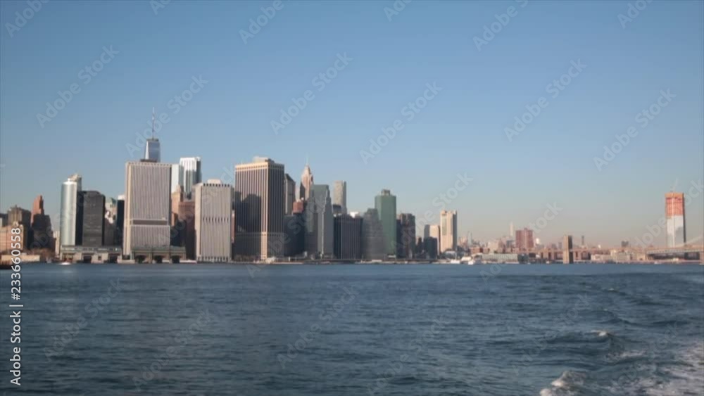 Panoramic shot of the New York skyline from a ferry crossing the East River Panoramic shot of the New York skyline from a ferry crossing the East River