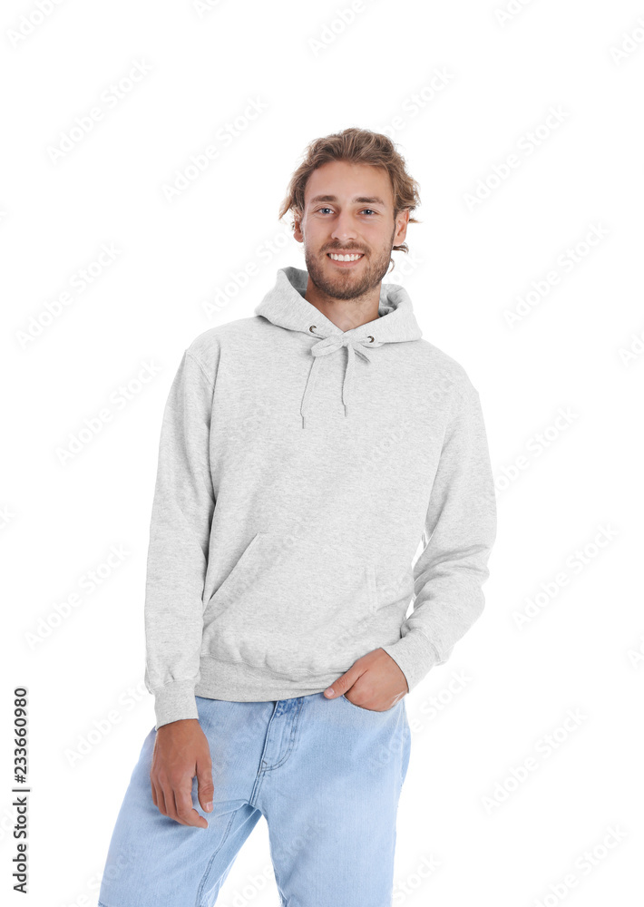Portrait of man in hoodie sweater on white background. Space for design Portrait of man in hoodie sweater on white background. Space for design