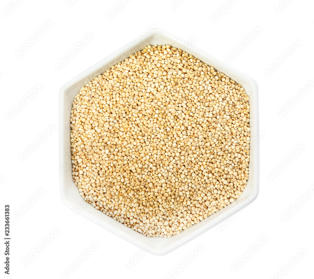 Bowl with raw quinoa on white background, top view Bowl with raw quinoa on white background, top view