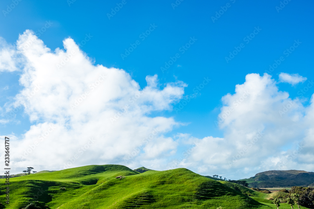 Beautiful green meadow mountain with blue sky.
