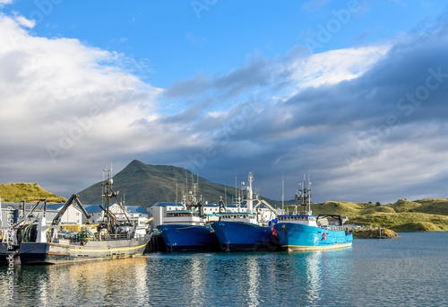 A Front Bow View of Alaskan Fishing Crab Boats at Port in Dutch Harbor Alaska