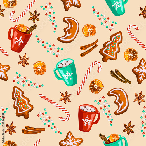 Christmas gingerbread, mulled wine, cocoa seamless pattern