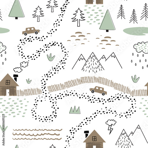 Seamless childish pattern with house, trees, mountains and cars. Nature landscape texture for kids fabric, wrapping, textile, wallpaper, apparel. Graphic illustration in scandinavian style.