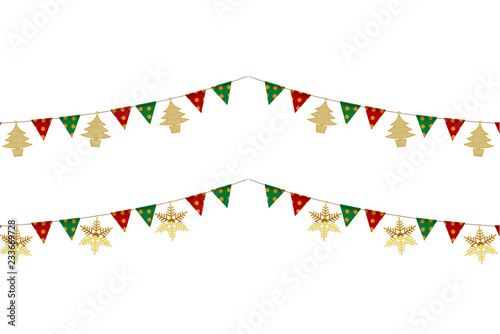 イラスト素材：白背景　クリスマスのイメージの三角旗・パーティーフラッグ｜横位置・CHRISTMAS　Party Flag