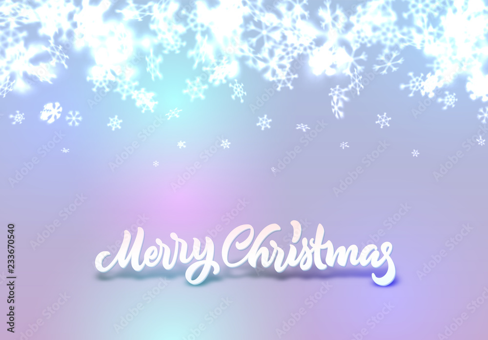 Christmas snowflakes background with falling snow and lettering or calligraphic greeting text Christmas snowflakes background with falling snow and lettering or calligraphic greeting text