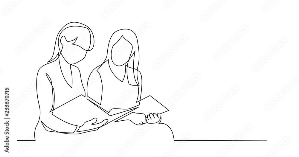 Self Drawing Line Animation of continuous line drawing of two young women reading book Self Drawing Line Animation of continuous line drawing of two young women reading book