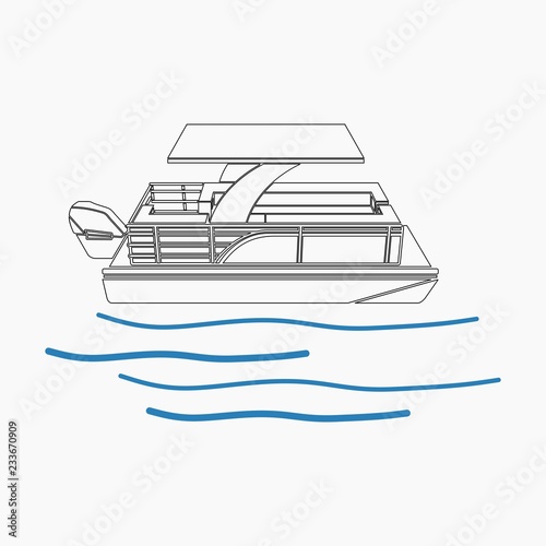 Editable Isolated Three-Quarter Top Side View Pontoon Boat on Wavy Water Vector Illustration in Outline Style for Transportation or Recreation Related Design