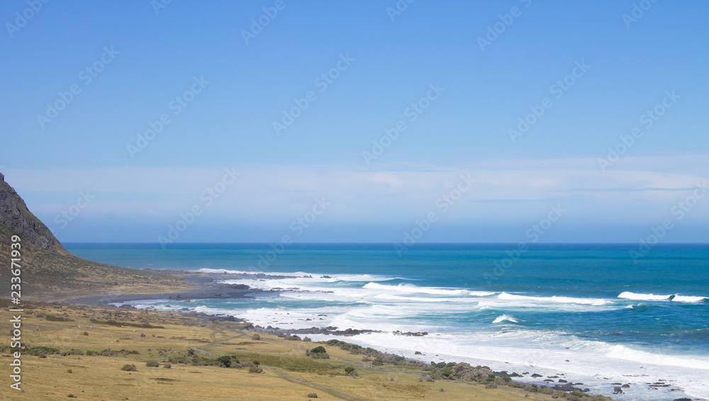 Landscape view of coastal New Zealand along Cape Palliser, the most southern part of the North Island.