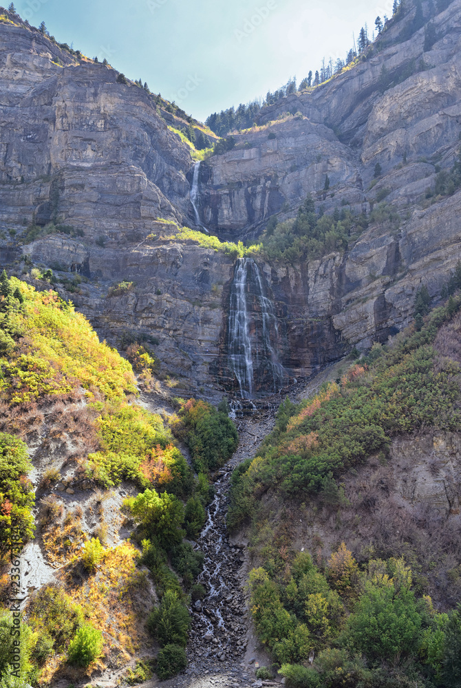 Bridal Veil Falls is a 607-foot-tall (185 meters) double cataract waterfall in the south end of Provo Canyon, close to Highway US189 in Utah, United States, America