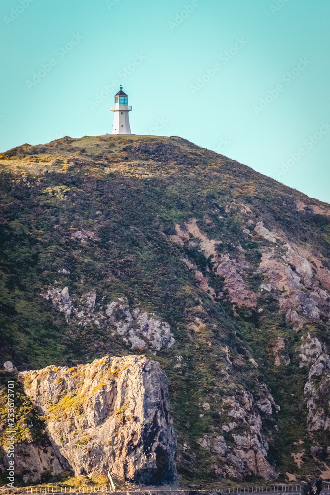 Upper Lighthouse at Pencarrow Head, New Zealand, with copy space