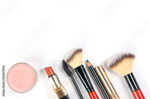 Beauty makeup face hair accessories beautician artist on white background copy space border frame top view