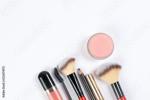 Beauty makeup face hair accessories beautician artist on white background copy space border frame top view