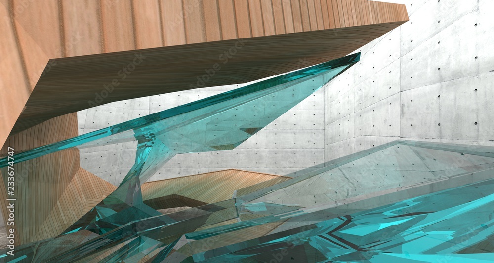 Obraz premium Abstract concrete and wood interior with window. 3D illustration and rendering.