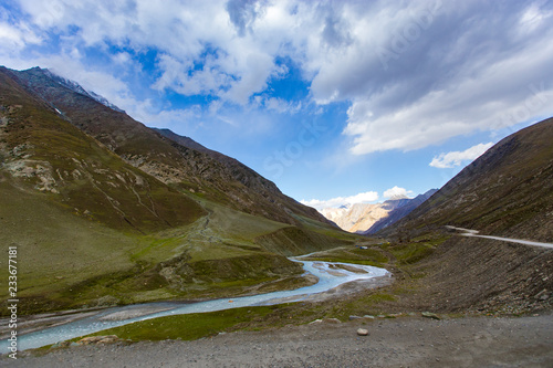 Canvas Print River and Mountain with blue sky at Leh, Ladakh, Jammu and Kashmir, India