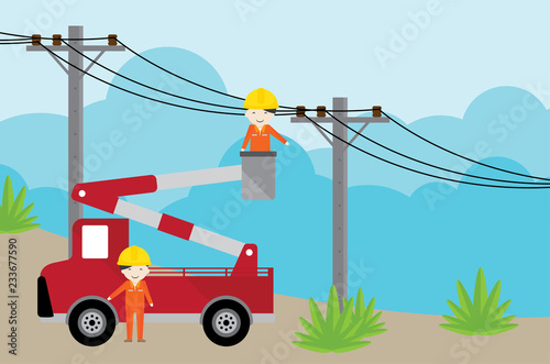 electrician on picker car crane and working with electricity post.