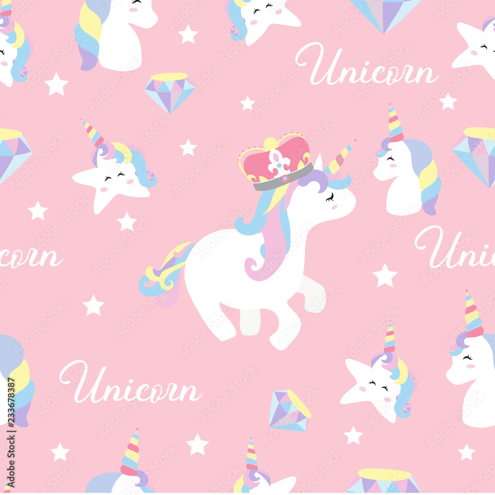 Pastel seamless pattern with unicorn,head,rainbow,crown and star
