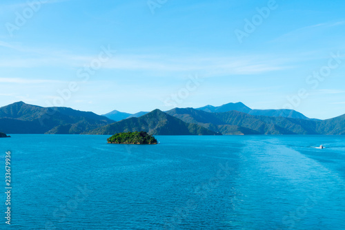 Queen Charlotte Sound with surrounding hills and Motuora Island