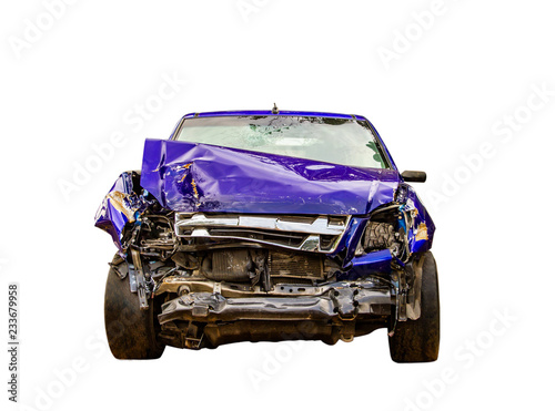 blue car carcass af accident ,car destroyed or wreck isolated on white background for insurance concept