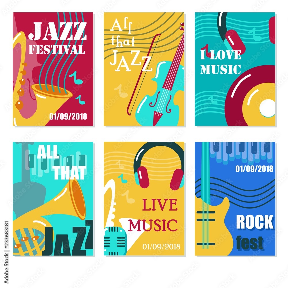 Naklejka premium Jazz festival, live music concert vector poster, flyer, card set