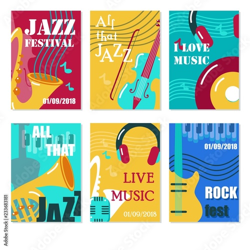 Jazz festival, live music concert vector poster, flyer, card set