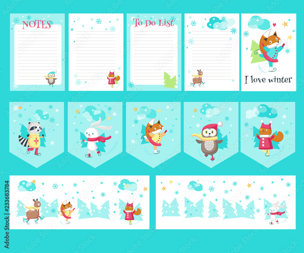 Vector set of cards with cute ice skating animals