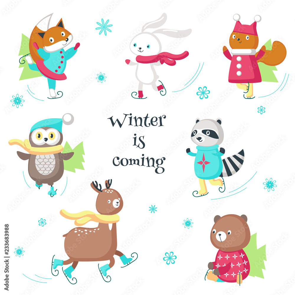 Cute animals ice skating vector isolated illustration