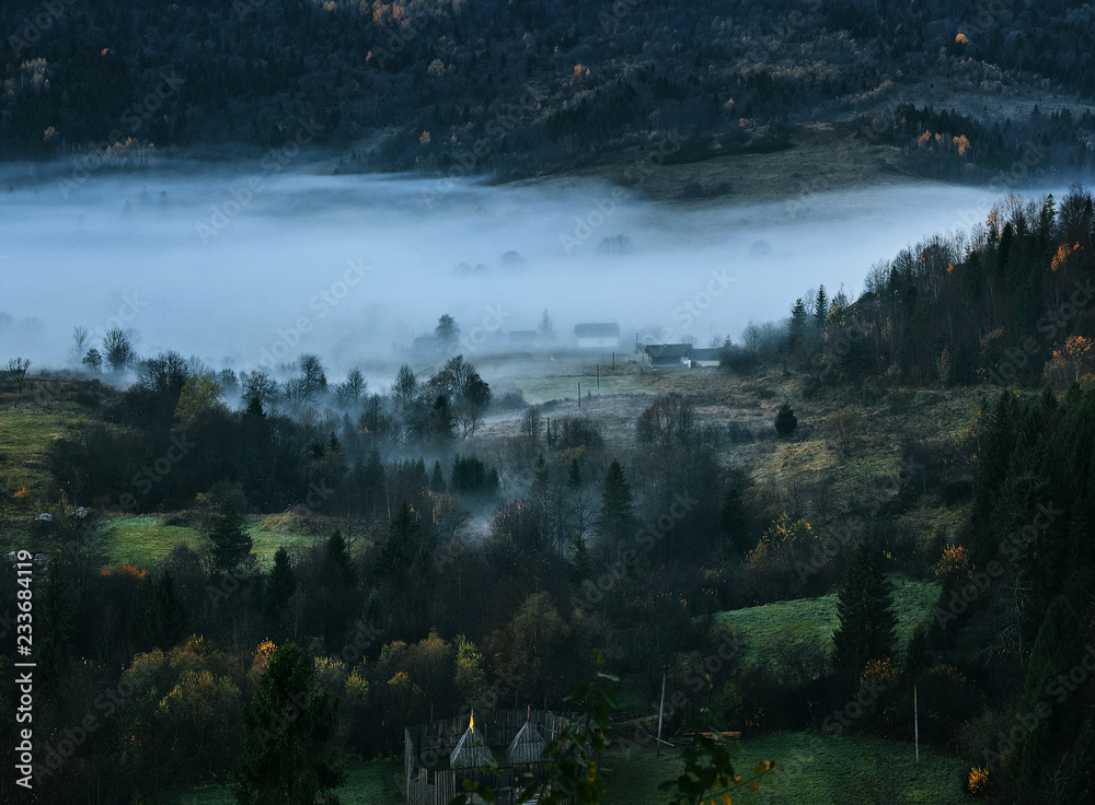 aerial view to the Valley Covered with Foggy. Foggy Landscape at early morning