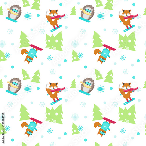 Vector seamless pattern with cute animals snowboarding