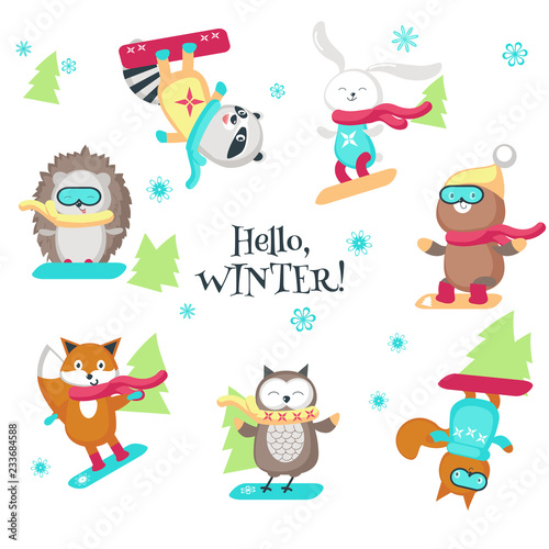 Cute animals enjoying snowboarding vector isolated illustration