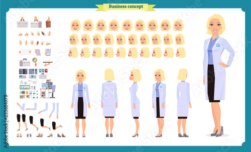 Scientist character creation set. Woman works in science laboratory at experiments. Full length, different views, emotions, gestures. Build your own design. Cartoon flat style infographic