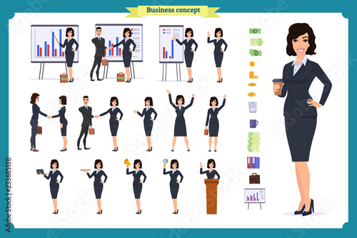 Ready-to-use character set. Young business woman in formal wear. Different poses and emotions, running, standing, sitting, walking, happy, angry.