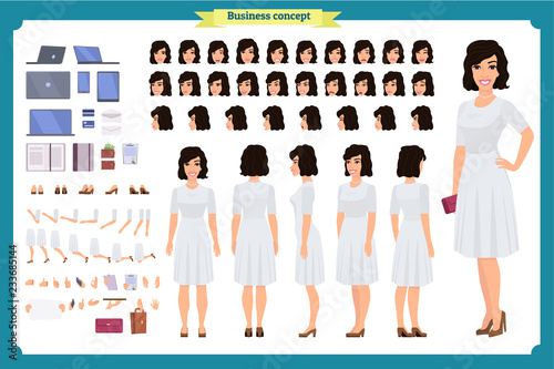 Tourist female, vacation traveller character creation set. Full length, views, emotions, gestures, tan skin tones, white background. Build your own design. 