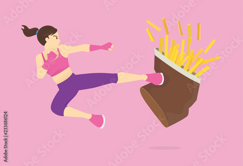 Healthy woman jump up and kick French fries spreading out of box. Illustration about diet and workout.
