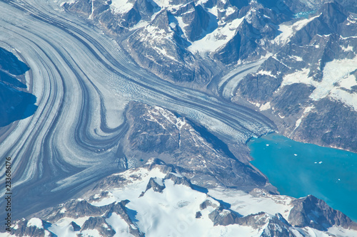 Aerial view of scenic Greenland Glaciers and icebergs photo