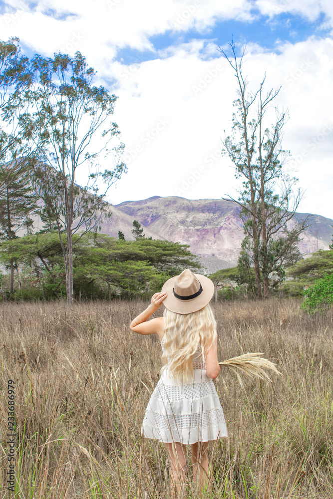 Beautiful young blonde with a hat, stands back on the prairie, in the field and mountains