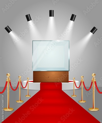 Vector illuminated podium with red carpet and showcase