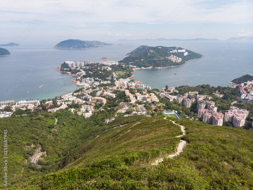View over the Stanley town from the Wilson hiking trail in the hills in the south of Hong Kong island in China.